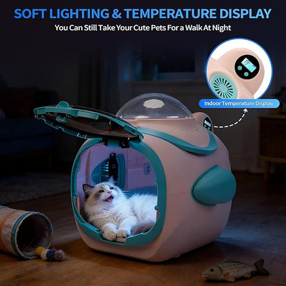 COZIWOW Pet Stroller with Temperature Display & Ventilation Fan, Foldable 4-Wheel Cat Dog Stroller with Anti-Irritation Privacy Barrier, Night Light, Detachable Car Seat Carrier for Small & Medium Pet