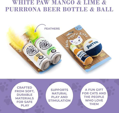 White Paw Mango & Lime + Purrrona Beer Bottle & Ball Set, Plush Cat Toys Catnip Filled with Interactive Crackle Sound, Safe & Durable Toys for Cat & Kitten, 4 Pcs