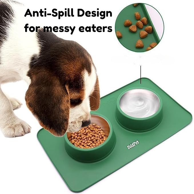 BoldPet® Dog Food and Water Bowl Set - Food Grade,Non-Slip Design Silicone Mat - Includes 2 Removable Stainless Steel Dog Bowls for Small Dogs - Perfect Puppy Bowls Set - Pet Bowls for Dogs and Cats