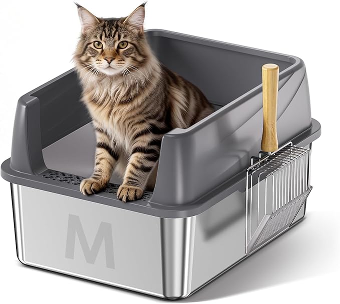 Stainless Steel Litter Box with Lid: Metal Cat Litter Box for Small Cats with Scoop, High Sided Kitty Litter Pan Tray, 17.4'' x 13.5'' x 8.5'', Non-Stick, Anti-Leakage, Easy Cleaning (Dark Gray)