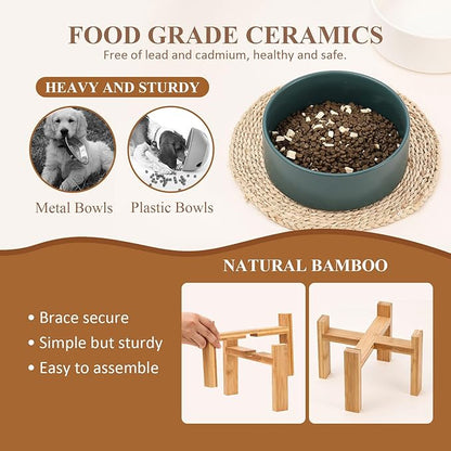 Raised Ceramic Large Dog Bowl - Heavy Weighted Dog Dish with Bamboo Stand - Elevated for Comfortable Feeding - 8.3" W x 8" H - 4.5 Cups (68 fl oz) - Green