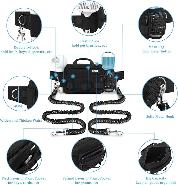 ETACCU Hands Free Dog Leash with Zipper Pouch, Waist Belt for Large Medium 2 Dogs for Running, Walking, Jogging and Hiking, Dual Padded Handles and Durable Bungee - Black (2 Dog)