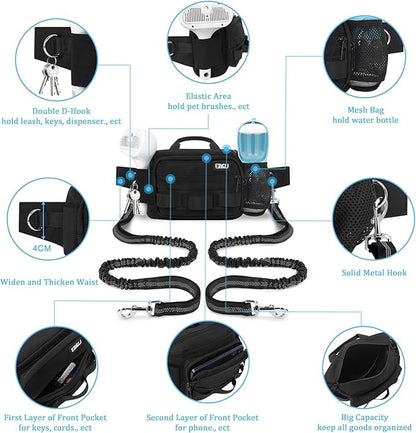 ETACCU Hands Free Dog Leash with Zipper Pouch, Waist Belt for Large Medium 2 Dogs for Running, Walking, Jogging and Hiking, Dual Padded Handles and Durable Bungee - Black (2 Dog)