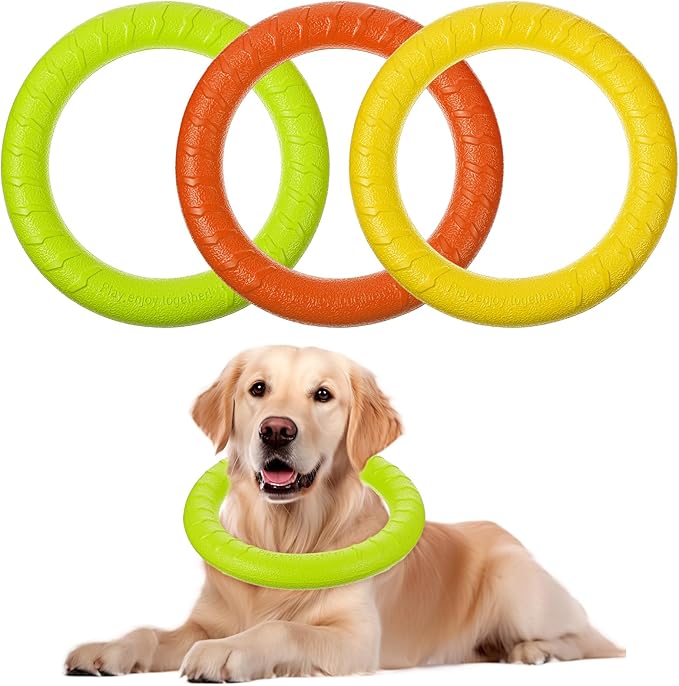 3 Pack Dog Training Rings – Durable EVA Chew Toys for Aggressive Chewers, Floating Fetch & Tug-of-War Toy for Small to Medium Dogs (7-Inch, Green/Orange/Yellow)