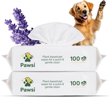 Pawsi Pet Wipes for Dogs and Cats, Hypoallergenic Grooming Wipes for Paws, Body and Butt, Cleaning and Hydrating, Lavender Scented, 2 Pack (100 Wipes Each, 200 Total)
