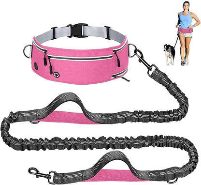 Hands Free Dog Leash with Zipper Pouch, Waist Leash for Dog Walking and Running, Dual Padded Handles, Shock-Absorbing Bungee for Medium to Large Dogs (Pink)