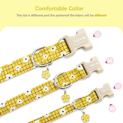 Faygarsle Floral Plaid Pattern Dog Collar, Yellow with White Flowers Summer Spring Design for Small Medium Large Dogs M