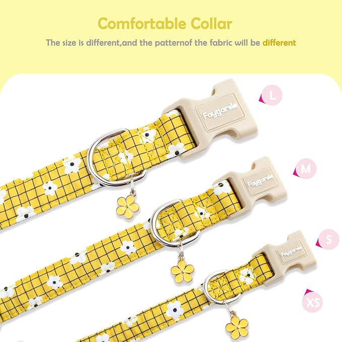 Faygarsle Floral Plaid Pattern Dog Collar, Yellow with White Flowers Summer Spring Design for Small Medium Large Dogs S