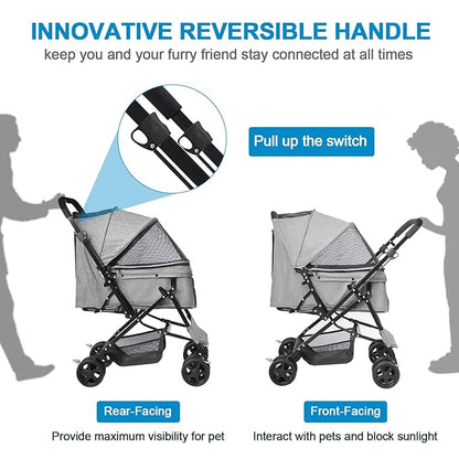 Lightweight Dog Stroller with Reversible Handle for Medium Small Dogs and Cats, Foldable Pet Stroller Travel Carriage with Large Storage Basket, 4 Wheels, Linen Gray