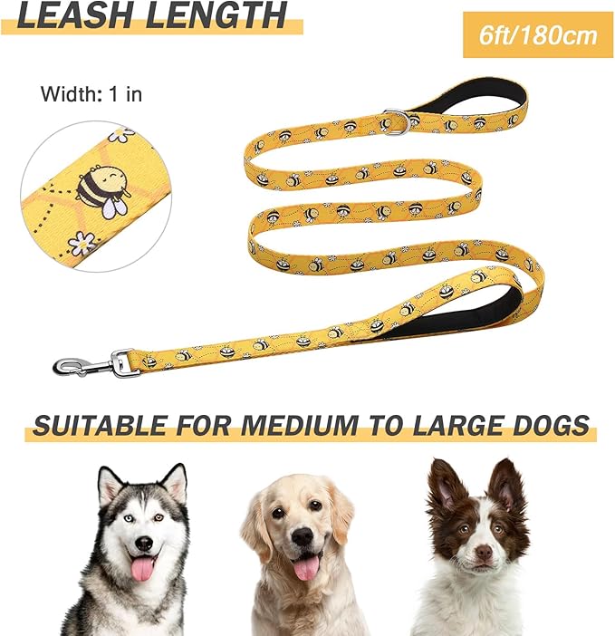 Hikiko 6 Ft Dog Leash, Padded Double Handle Leashes for Medium Large Dogs, Soft Traffic Handles Lead for Walking (Yellow Bee)