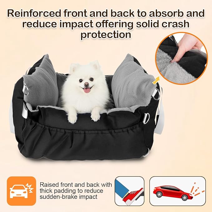 SIVES Dog Car Seat for Small Dogs, Soft Booster Seat Travel Bed with Side Flaps, Non-Slip Base, Seat Belt Straps + Safety Tether, Storage Pocket, Washable Cushion, Recommended Up to 33 lbs, Black