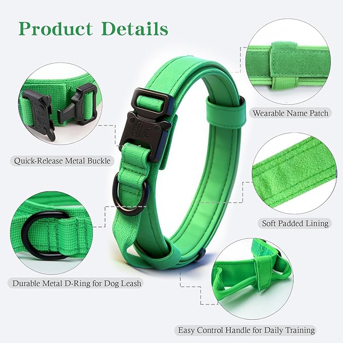 Xqpetlihai Tactical Dog Collar - Military Dog Collar - Adjustable Nylon - Heavy Duty Metal Buckle with Handle - Bright Green - XL