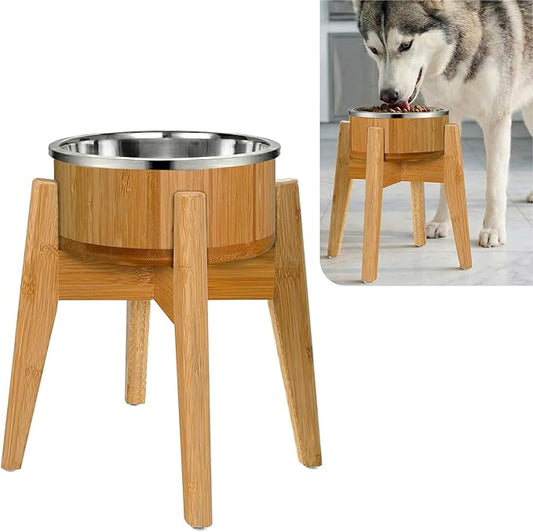 Elevated Dog Bowl for Mid-Large Breed, (12-Inch High) - Raised Food and Water Bowl with Stand, Flip-Resistant - Real Bamboo and Stainless Steel