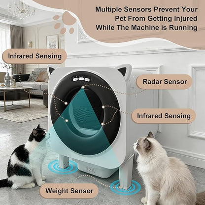 BZW Self Cleaning Litter-Box for Multiple Cats with 76L Large Capacity,Automatic Litter Box with App Control and Safety Sensors Protection (Black)