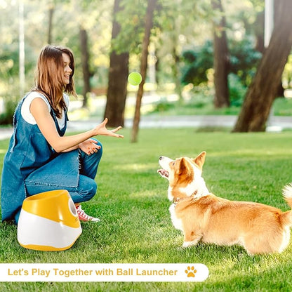 Automatic Dog Ball Launcher, Dog Ball Thrower with 15 Mini Tennis Balls Sizing 2 Inch and Mesh Bag, Interactive Dogs Toys Tennis Balls Launcher for Small Dogs with 3 Distance Settings