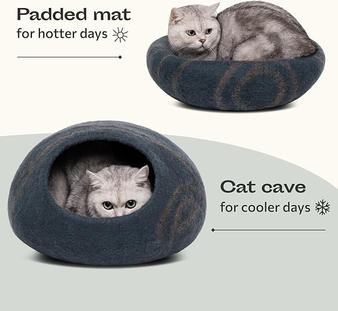 MEOWFIA Cat Cave – Premium Felt Cat Bed for Indoor Cats, Handmade 100% Merino Wool, Cat (Medium, Slate Grey) (Pack of 2)