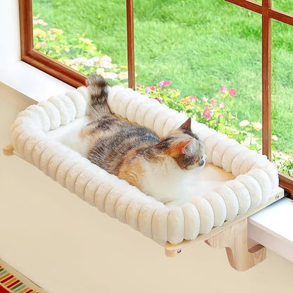 Zakkart SnugCloud Cat Window Perch with 4-Sided Bolster - Orthopedic Cat Hammock for Window Sill - Solid Hardwood & Metal Frame - Window Seat for Pets (Natural Color Wood w/White Bed, Medium)