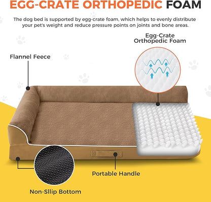 Dog Bed Large Sized Dogs, XXL Orthopedic Dog Bed for Large Dogs, Waterproof Pet Bed with Washable Removable Cover, L-Shaped Pet Couch with Portable Handle 48"x35"x7.5", Camel