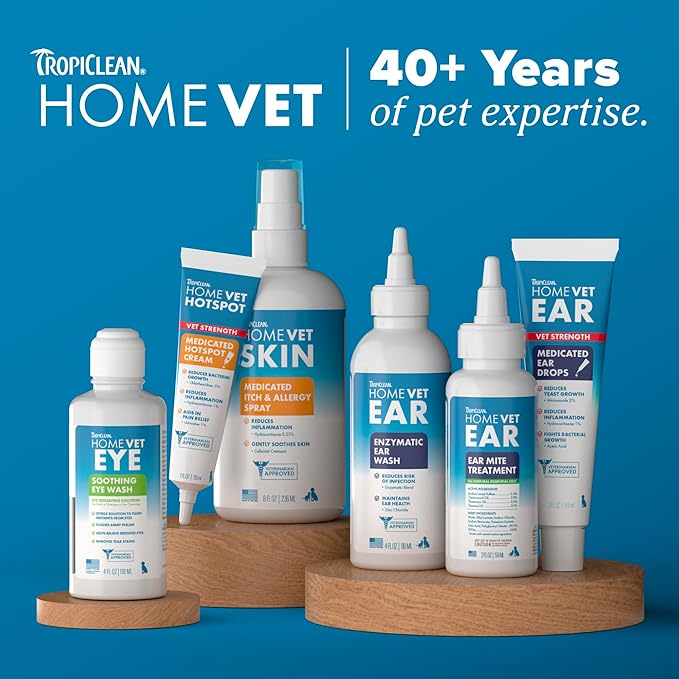 TropiClean HomeVet Enzymatic Dog Ear Cleaner, Vet Recommended Treatment for Dogs and Cats, Safe Daily Ear Cleaning Solution, USA Made, 2oz