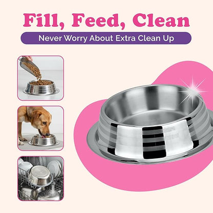 Stainless Steel Dog Bowls - Cat Bowls (Pack of 3) - Anti Skid & Non Tip Dog Water Bowl | Cat Water Bowl Set - Dishwasher Safe - 32 Oz - 950 ml - 23 cm Diameter (Elegant Silver Stripes)