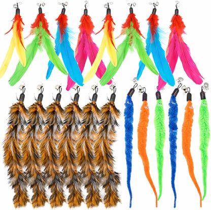 20 pcs Pack Cat Wand Feather Toy Refills with Bells , Natural Feather Replacement for Interactive Teaser Toys, Colorful Wand Attachments, Durable and Safe Cat Toy Accessories for Exercise and Play