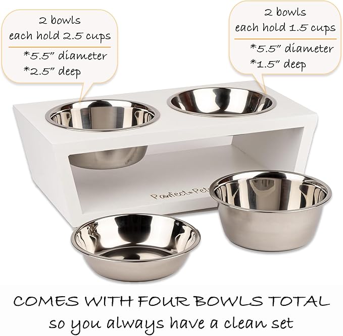 4" Tall Elevated Dog Bowls for Small Dogs and Cats. Raised Dog and Cat Food and Water Bowl Set by Pawfect Pets (White)