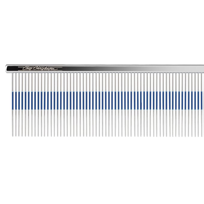 Chris Christensen 9" Long Tooth Fine/Extra Fine Comb-Out Comb, Groom Like a Professional, Rounded Corners Prevent Friction and Breakage, Unique Rubber Grip Line, Chrome Finish
