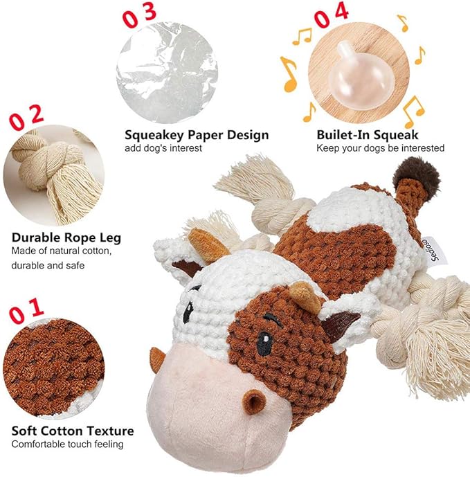 Dog Toys Set, Large Dogs Toy, Stuffed Animal Dog Chew Toy, Soft Plush Dogs Toys Pack for Small. Middle, Large Breed(3-Pack, Cow)