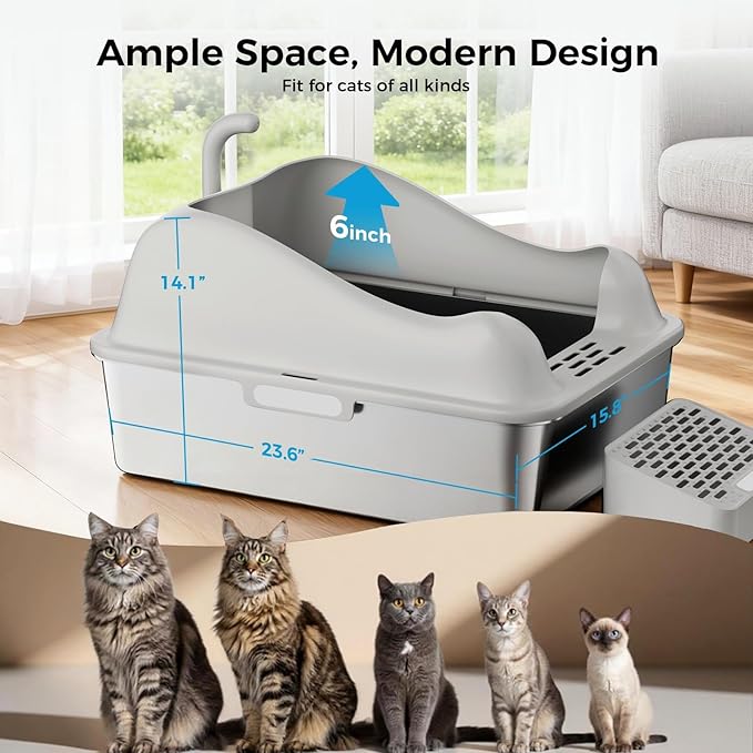 GTPLAYER Stainless Steel Cat Litter Box XL - Extra Large High-Sided Open-Top Metal Litter Box for Large & Multi-Cat Homes, Splash Guard, Low Entry, Easy Clean 304 Steel with Step, Mat & Scoop, Grey