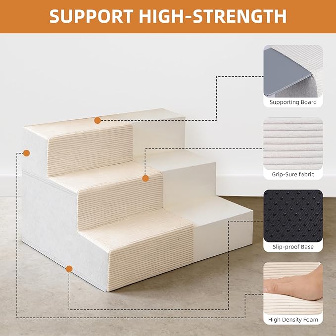 Dog Stairs for Small Dogs, 13.5" H, 3-Step Pet Steps for Couch Sofa and Chair, Non-Slip Balanced Pet Ramp for Medium Cats,Indoor Dog Ladder, Beige