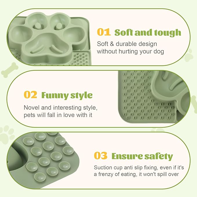 Silicone Slow Feeder Dog Bowls & Cat Bowls, 2 Cups Small Pet Food Bowl with Non-Slip Suction Base, Food-Grade Safe Puzzle Feeder for Small & Medium Dogs & Indoor Cats (Paw Lick Mat (Green))