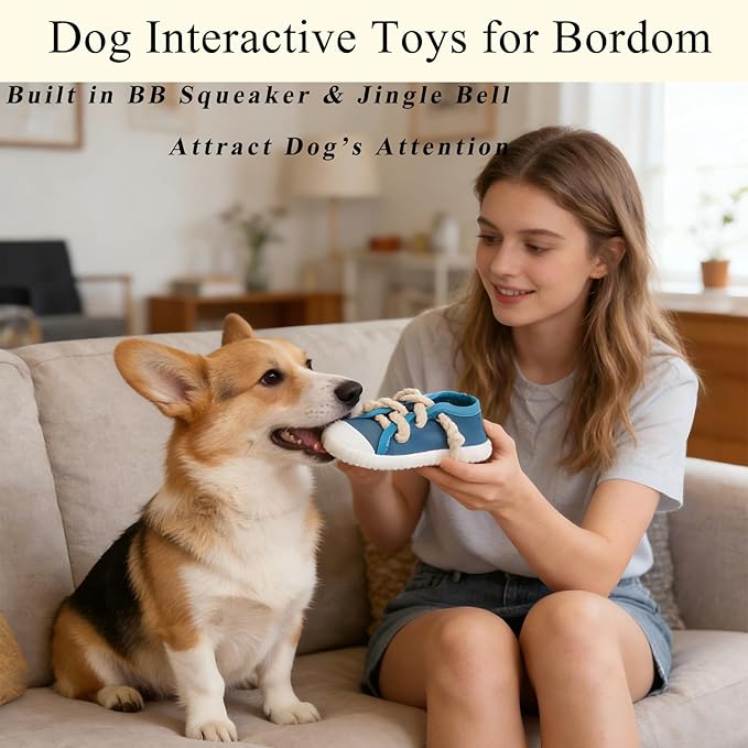 Interactive Squeaky Dog Toy with Jingle Bell - Shoe-Shaped Chew Toy for Puppy Teething, Thickened Laces for Small and Medium Breeds Tug-of-War, Not for Aggressive Chewers (Blue)