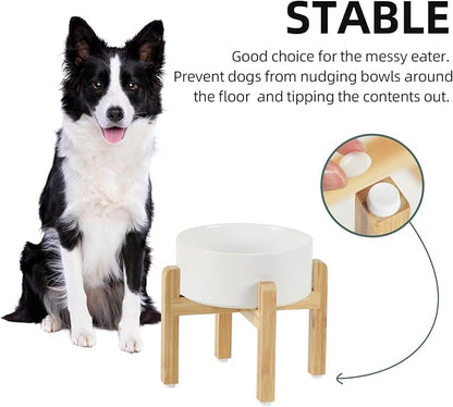 Ceramic Raised Dog Bowl Set, Elevated with Stand, Food and Water Bowl for Medium Breed Dogs, Weighted Dog Dishes, Pet Bowl(7.3'',41OZ, White)