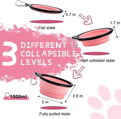 Collapsible Dog Bowls for Travel, 2-Pack Dog Portable Water Bowl for Dogs Cats Pet Foldable Feeding Watering Dish for Traveling Camping with Carabiners, BPA Free (Grey&Pink, Large)