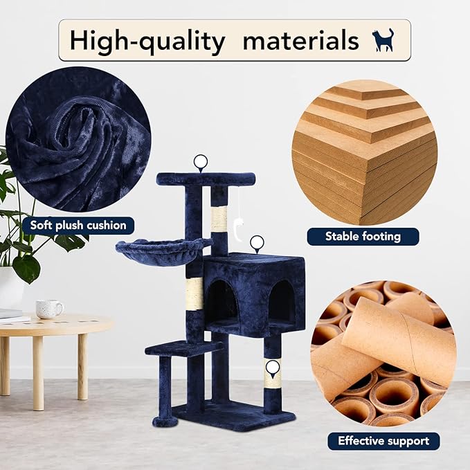 BestPet | 37" Cat Tree Tower | Navy Blue | Sturdy Multi-Level Cat Tree with Plush Condo, Cozy Perch, Sisal Scratching Posts, Hanging Toy and Hammock | Easy Assembly | for Kittens & Adult Cats