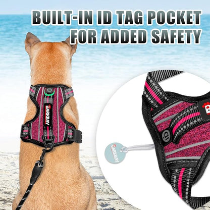 BARKBAY No Pull Dog Harness Large Reflective Dog Harness with Front Clip and Easy Control Handle for Walking Training Running with ID tag Pocket(Pink/Black,S)