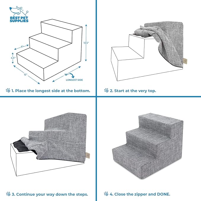 Best Pet Supplies Foam Pet Steps Cover for Small Dogs and Cats, Portable Ramp Stairs for Couch, Sofa, and High Bed Climbing (Cover Only) - Ash Gray Linen, 3-Step (Cover Only)
