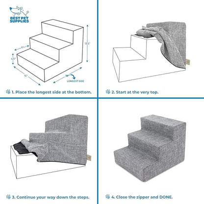 Best Pet Supplies Foam Pet Steps Cover for Small Dogs and Cats, Portable Ramp Stairs for Couch, Sofa, and High Bed Climbing (Cover Only) - Ash Gray Linen, 3-Step (Cover Only)