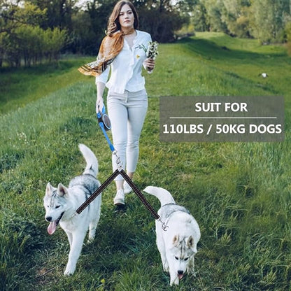 Dual Retractable Dog Leash for 2 Dogs (Blue) - 16ft Heavy Duty Leash with One Button Lock & 360° Tangle-Free Design, for Medium/Large Dogs up to 110lbs/50kg