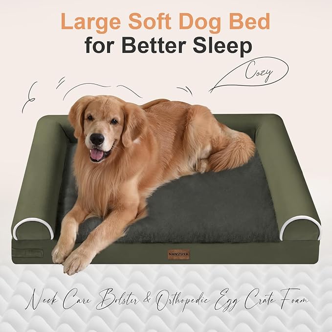 Large Dog Bed Orthopedic Washable: Beds Bolster XL Bed Large Big Dogs Egg Crate Foam Couch Sofa Waterproof with Removable Cover - Dark Green