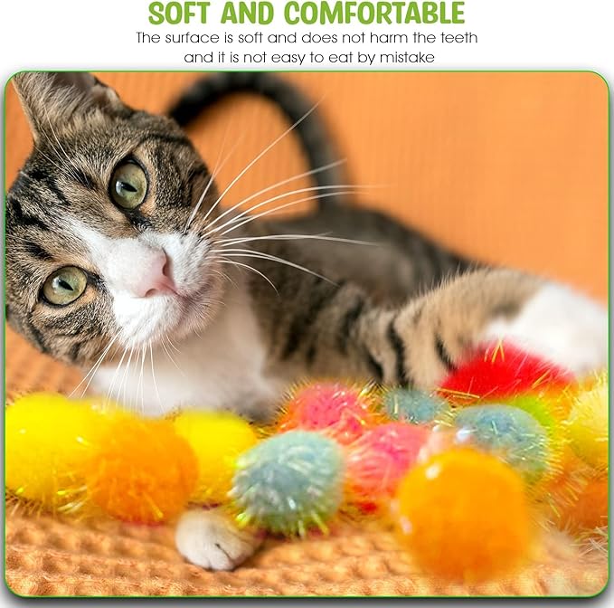 30 Pieces Sparkle Pom Pom Balls with Cat Toy Launcher - Asorted Colors Interactive Glitter Ball for Indoor Play 1.2 Inches Pompoms Thrower Best as Kitten Toys for Excercise and Entertainment.