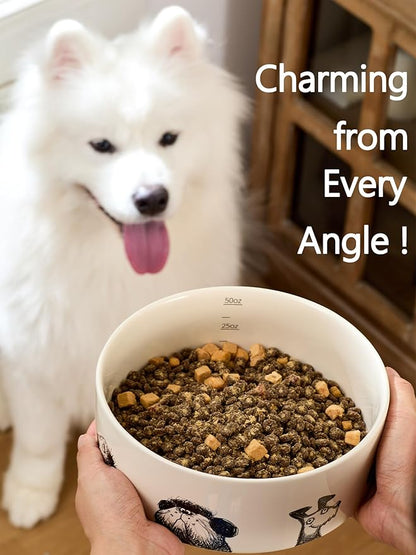 Ceramic Dog Bowl with Non-Slip Ring - 6.5 Cups, Heavy-Duty Stoneware Bowl, Pet Feeding, Microwave and Dishwasher Safe-Derpy-L (Single Bowl)