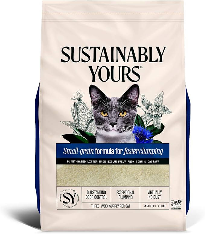 Sustainably Yours Natural Cat Litter, Small-Grain Formula, Exceptional Clumping & Odor Control, Virtually No Dust, Soft on Paws, Corn & Cassava Plant-Based, Unscented, 10 lbs