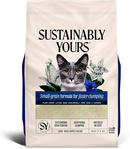 Sustainably Yours Natural Cat Litter, Small-Grain Formula, Exceptional Clumping & Odor Control, Virtually No Dust, Soft on Paws, Corn & Cassava Plant-Based, Unscented, 10 lbs