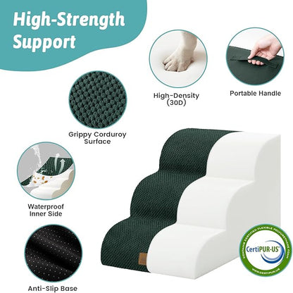 Wide Dog Stairs for Small Dog 15.7" H, Pet Step for Puppy, Older Cat, Curved Ramp for Couch, Durable Anti-Slip Ladder with High Density Foam, 3 Step, 17.7x22.4x15.7 inch, Dark Green