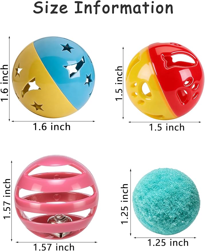 6 Pack Cat Toys Balls for Indoor Kitten, 4 Long-Lasting Plastic Balls & 2 Plush Bells Balls, Interactive Kitty Toys for Chasing, Chewing, Teething, Enrichment Play for Cats (1.5'')