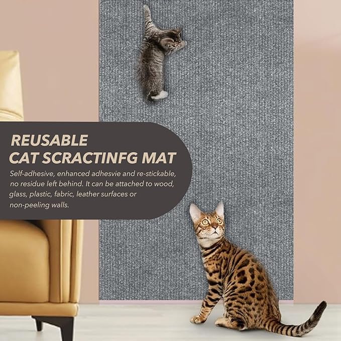 78.7"X15.8" Cat Scratching Mat, Self-Adhesive Cats Carpet, DIY Scratch Furniture Protector for Couch, Sofa, Wall & Doors, Durable Cat Scratch Guards Couch Cats Scratcher from Claw (Grey)