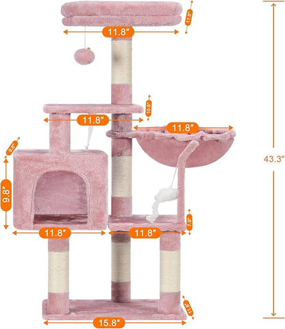 Heybly Cat Tree with Toy, Cat Tower Condo for Indoor Cats, Cat House with Padded Plush Perch, Cozy Hammock and Sisal Scratching Posts, Skin Pink HCT004SP