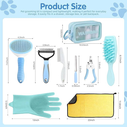 Aglads 8PCS Cat Rabbit Bunny Dog Grooming Kit,Self-Cleaning Brush,Nail Clipper,Grooming Glove,Massage Brush,Flea Comb,Towel&Travel Bag,Complete Grooming Tools for Long&Short Haired Pets(8, blue)