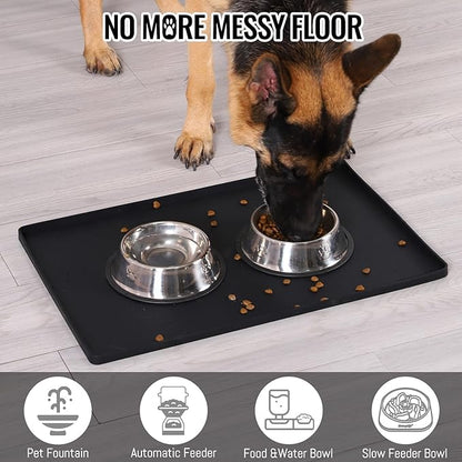 MateeyLife Dog & Cat Food Mat for Floors Waterproof, Nonslip Pet Feeding Mats with Raised Edges, Silicone Matt Tray for Messy Drinkers, 22"x14", Black